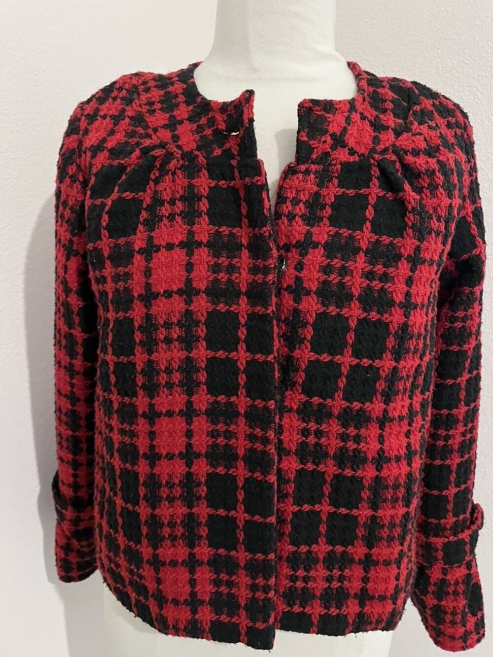Oleg Cassini Vintage Plaid Wool Blend Lady Jacket Size M Jackie O Style Red Blk - Picture 5 of 14